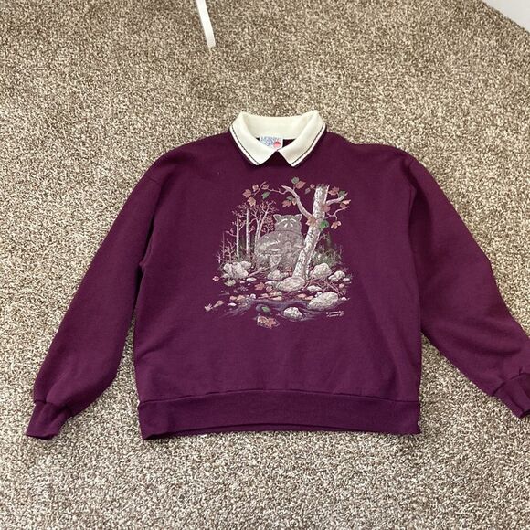 Vintage 90s 80s Morning Sun Purple Cat Fox Forest Collared Sweatshirt Large - Picture 8 of 12